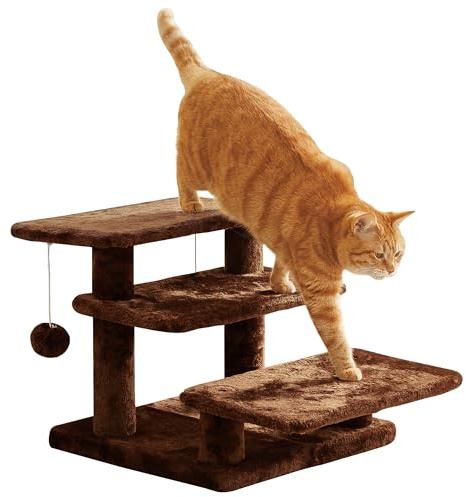 Furcato 38,1 cm H mehrstufige Haustiertreppe für hohe Betten und Sofas, 3-stufige Katzentreppe mit 2 Spielzeugbällen, breite Bretter für Indoor-Kätzchen, Hunde, Haustiere, Klettern, Braun