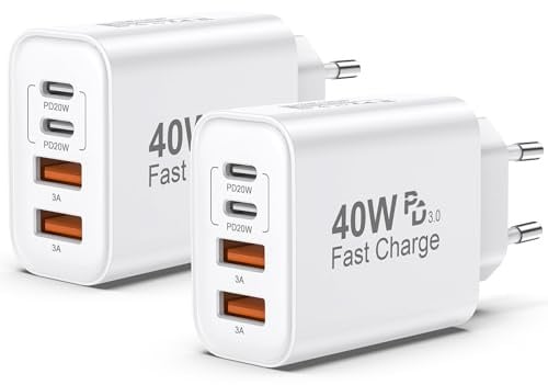 2er Pack USB C Ladegerät, 4 Ports 40W Mehrfach Schnellladegerät Netzteil Power Adapter Für iPhone 17/16/15/14/Für iPhone 13/12/11 Pro/Max/Plus/XR/XS/iPad/Samsung Handy, USB C & USB A PD 3.0 Charger