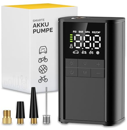 DANSI Pompe à air électrique - Pompe à air sans fil jusqu'à 10,3 bar pour voiture, vélo, ballons et piscines - Avec 4 adaptateurs - Compresseur de batterie USB-C avec affichage numérique - Compact