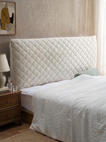TEXSTEAD Samt Bettkopfteil Bezug & Betthussen Set – All-in-One Design, elastische & wattierte Staubschutz-Hülle als dekorative Abdeckung für gepolsterte Kopfteile, waschbar in Beige (ca. 150x70 cm)