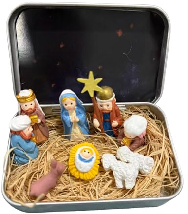 Generisch Mini Weihnachtskrippen Set Aus Blechdose | Weihnachtskrippen Sets | Krippendekorationsset Mit Schafen Und Figuren | Krippendekoration Für Freunde Und