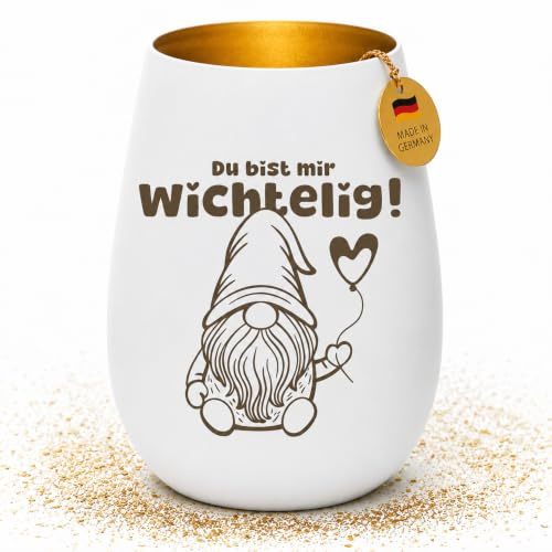 Windlicht Wichtel Motiv | Wichtelig Teelichthalter Glas mit Gravur „Du bist Mir wichtelig“ | Geschenkidee für Freunde & Familie | 12 x 8,5 cm | Pohmer Design (Weiß-Gold)