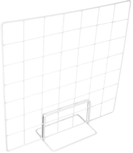 LALADEFIEE Desktop White Metal Wire Grid Photo Display Rack with Small Base, 35x35cm Mesh Panel for Craft Show, Tabletop Art Organizer and Notice Board for Home and Store Use