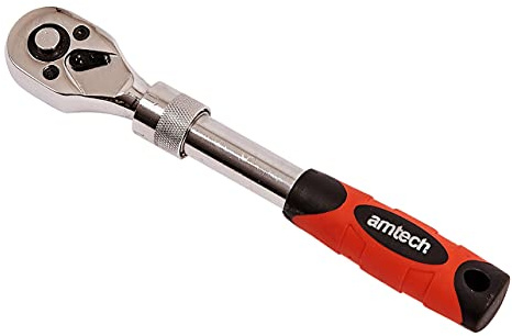 Amtech - 1/4in Telescopic Ratchet Handle, extends to 240mm, 72T Quick-Release Head, Comfort Grip for Extra Reach in confined Areas (1/4in)