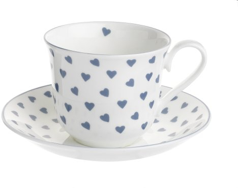 Nina Campbell Bone China Tea Cup and Saucer, Blue Hearts Design