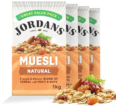 Jordans Natural Muesli Oat Breakfast Cereal - British Baked High Fibre Cereal - No Artificial Flavours or Preservatives - 1kg (Pack of 4 x 1kg)