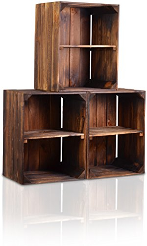 CHICCIE 3 Set Holzkiste im Vintage Look geflammt dunkel Kurze Ablage - Obstkiste