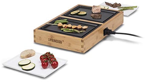 Princess Dinner4Two Tischgrill mit Bambus, Raclette, 2 Grill- und 2 Servierplatten, 420W, 2m Kabellänge, 104020