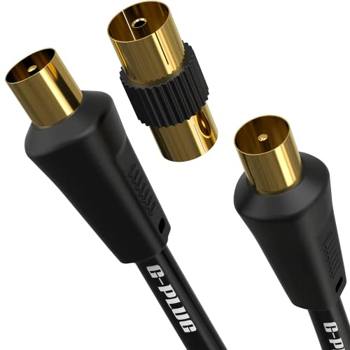 G-PLUG 5m Cable Antena TV Macho-Macho, Cable Coaxial para TV | Negro, recto, con conectores IEC chapados en oro y adaptador hembra-hembra; para TV, receptor DVB-T/T2 y radio FM/DAB