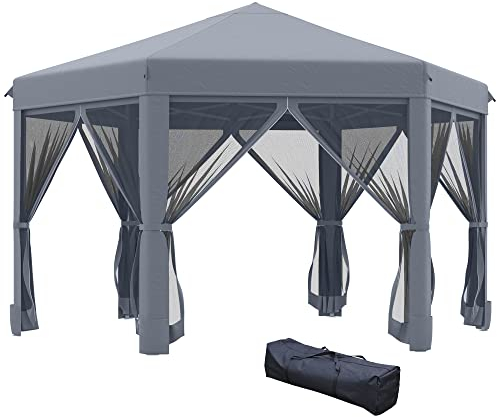Outsunny 3.8m x 3.2m Pop Up Gazebo Hexagonal Canopy Tent Outdoor Sun Protection with 6 Mesh Sidewalls, Hand Bag, Grey