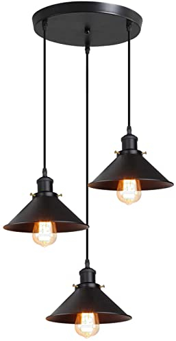 iDEGU 3-flammige Pendelleuchte Industrielle Hängelampe Stil Edison Vintage Kronleuchter mit 22cm Metall Lampenschirm E27 Fassung Hängeleuchte für Esszimmer Küche Wohnzimmer (Rondell, Ganz Schwarz)