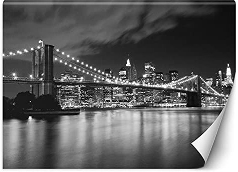 Feeby Fototapete XXL Brooklyn Bridge Bei Nacht 100x70 cm schwarz-weiß Vliestapete Moderne Design Wandtapete Küche Flur Wohnzimmer Büro Badezimmer Kinderzimmer Manhattan New York