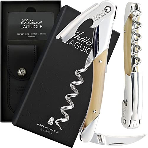 Sacacorchos Chateau Laguiole Grand Cru con cuerno blanco, abridor de vino francés de lujo Laguiole, llave de vino Laguiole, fabricado en Francia, sacacorchos de vino con mango de hueso de sumiller de