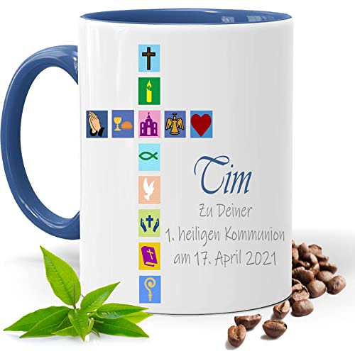 Blickfang KOMMUNION,FIRMUNG, KONFIRMATION, KIRCHEN SYMBOLE |FOTOTASSE |TASSE|MOTIV TASSE | BEDRUCKTE TASSE | KAKAOTASSE | TEETASSE | GESCHENK|KERAMIK|TASSE (Blau)