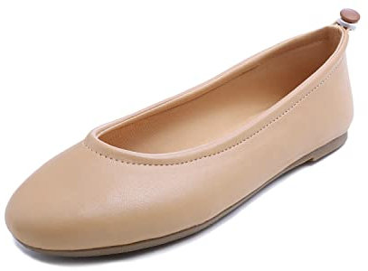 Feversole Women's Soft Cushion Comfort Round Toe Pumps Elastic Adjustable Ballet Flats Flexible Walking Shoes Light Tan Napa Size 3.5 UK