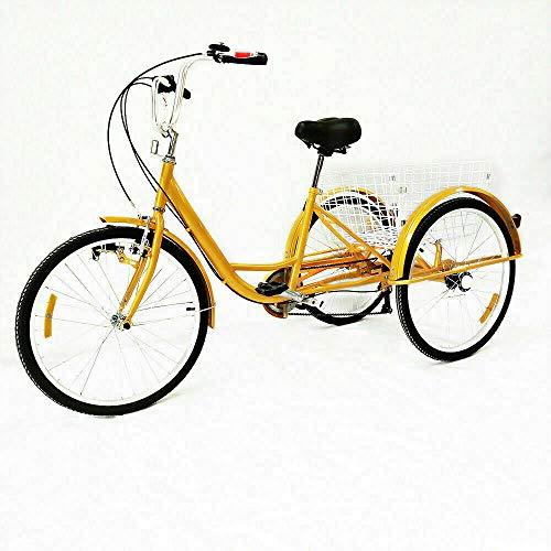 Futchoy Dreirad für Erwachsene 24 Zoll 6 Gänge 3 Rad Cruiser Bike Mit Einkaufskorb für Fußgängertransport Leute Ziehen Und Laden Verstellbarer Sitz Dreirad Cruise Bike (gelb mit Licht)