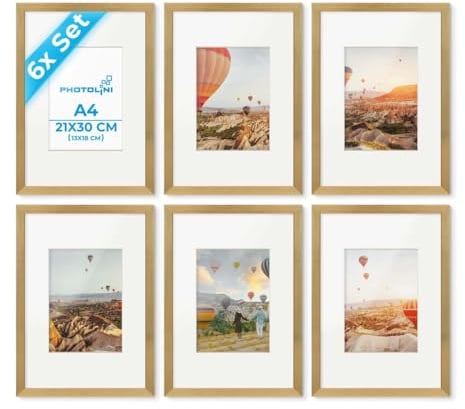 PHOTOLINI Bilderrahmen A4 Holz MDF Gold, 6er Set DIN A4 Bilderrahmen 21x30 mit Passepartout, Rahmen mit Acrylglas, picture frame Aufhängen & Aufstellen, Rahmen 30x21 mit Zubehör für Fotos & Poster