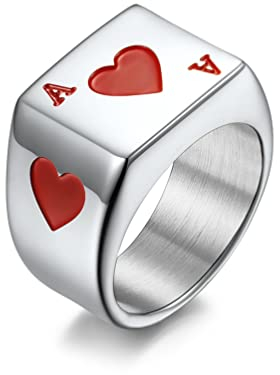 ZHAOZOUL 2 Stück Edelstahlringe Herz-Ass Pik-Ass Titanstahlring Ringe Glücksspielkartenringe Für Herren,Heart a,7=17MM