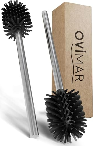 ovimar escobilla de Recambio Vesborg | Juego de 2 Mangos y 2 Cabezales | Plata | Mango de Acero Inoxidable | escobilla de Inodoro con Cabezal de Silicona en Negro