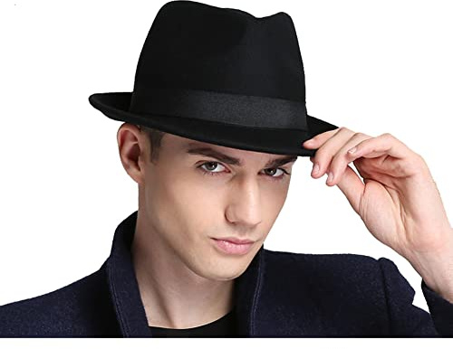 Men Warm Fedoras Felt Trilby Hat Vintage Panama Hat with Short Brim Winter Bowler British Jazz Costume Headwear Black