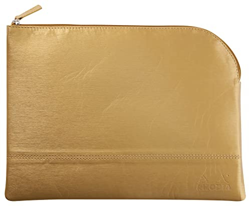 RHODIA 116717C - Faux Leather Zipped Pouch - Gold - Size L (21 x 28 cm) - Genuine Stitching - Orange Fabric Inside - Storage for Documents, Small Supplies