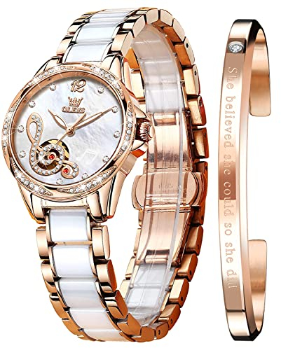 OLEVS Damen-Armbanduhr, automatisch, mechanisch, selbstaufziehend, Roségold, zweifarbiges Keramikband, Diamant, Liebesherz, Zifferblatt, modisch, Weißes Zifferblatt mit Musiknoten, Mechanisch