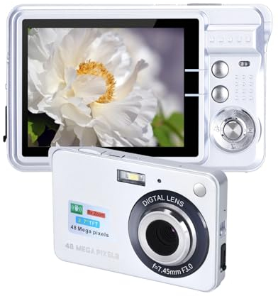 Appareil Photo Numérique pour Adolescents, 4K 48MP Ultra HD Point and Shoot Camera, 2.7in LCD Rechargeable Étudiants Compact Camera avec Zoom Numérique 8X, Mini Vlogging Cameras (Argent)