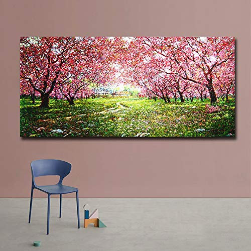 GEILEX Quadro su tela Primavera. Dipinto di paesaggi di fiori di ciliegio stampate su tela. Dipinto moderne Decorazione di opere d'arte. incorniciati 90x180 cm (35,4x70,8) con cornice interna