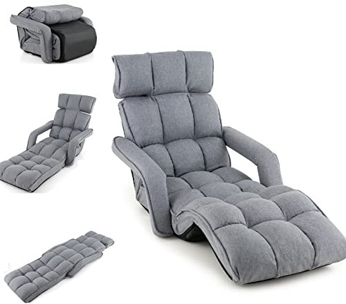 SFAREST Folding Sofa Chair, 6 Positions Adjustable Floor Lazy Chair with Armrest, Single Lounger Sleeper Reclining Seat for Living Room Bedroom Office