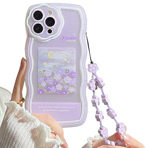 NITITOP Compatible for iPhone 13 Pro Max Case with Chain Oil Painting Purple Flower with Lovely Flower Bracelet Wrist-band for Women Girls, Soft TPU Shockproof Protective Cover-Oil Flower