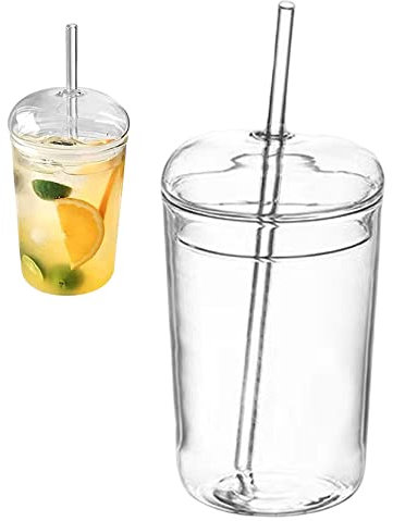 NIDONE Tasse de Couvercle de dôme en Verre, gobelet en Verre de 450 ML 16 oz, gobelet réutilisable Transparent avec Couvercle et Paille, Tasse de jus Transparente
