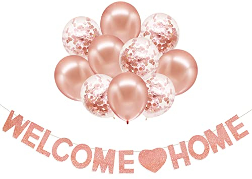YSUVIN Welcome Home Guirnalda de Bienvenida a Casa, Da La Bienvenida A La Guirnalda, Trae Una Pancarta De Bienvenida A Casa Y 10 Globos Para Ir A Casa, Bodas, Inauguraciones, Oro Rosa