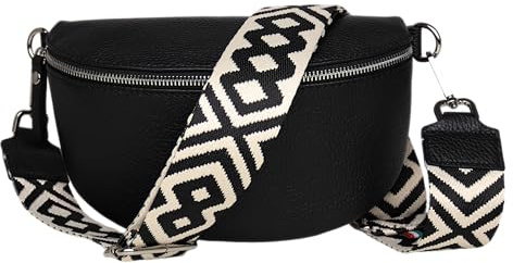 MIRROSI® Bauchtasche Damen, Echtleder, Made in Italy, Umhängetasche, Brusttasche, Crossbody Bag (1 Tasche & 2 Gurte) (Kleine Tasche (22x13x6cm), Schwarz (Fischgerät))