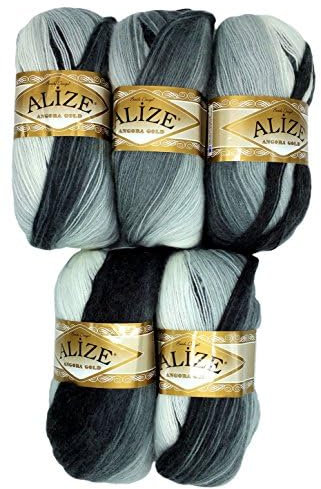 5 x 100 g Strickwolle Angora gold mehrfarbig mit Farbverlauf, 500 Gramm Strickgarn mit 20% Wolle-Anteil (schwarz grau weiss 1900)