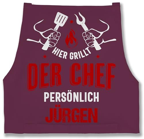 Schürze - Grillschürze Herren Männer - Hier grillt der Chef persönlich mit Namen - Grillzubehör Chef Vatertag Geschenkidee Papa - 85x69 - Aubergine - grillen name für lustig schrift