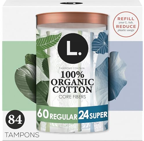 L. Cotton Tampons Regular/Super Absorbency Multipack, Contains an Organic Cotton Core, Made Without Synthetic Pesticides, or Fragrances, 84 Count (2 Packs of 42)
