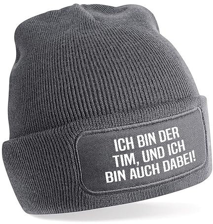 Herzbotschaft personalisierte Beanie Strickmütze mit Wunschtext | Ich Bin auch dabei | grau | Unisex SoftTouch angenehm weiche und warme Wintermütze | OneSize Einheitsgröße für Erwachsene