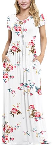 Anelune Dresses for Women's Short Sleeve Loose Plain Maxi Dresses Casual Long Dresses with Pockets(Floral White-2XL)