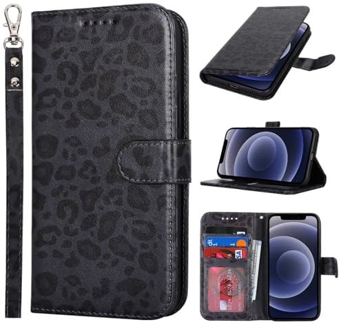 Zouzt Case for iPhone 12 Mini (5.4 Inch), Premium PU Leather Wallet Case with Credit Card Holder Slot Flip Folio Kickstand Shockproof Protective Phone Cover (Black Leopard Pattern)