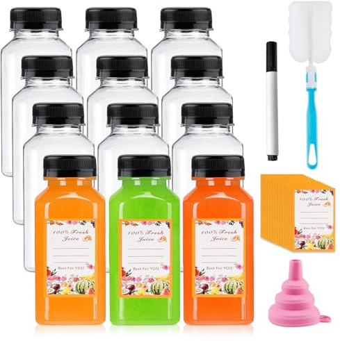 MEYAGOT Lot de 12 petites bouteilles à remplir, 250 ml, petites bouteilles à liqueur, mini bouteilles à remplir, réutilisables, petites bouteilles en plastique, pour jus, smoothie