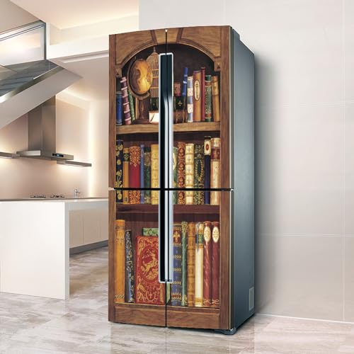 Fridge Wraps Kitchen Fridge Stickers Cover Full Doors, Fridge Sticker Full Covering Door Fridge Covers Skins Wall Stickers for Kitchen Decal, Retro Bookcase and Book