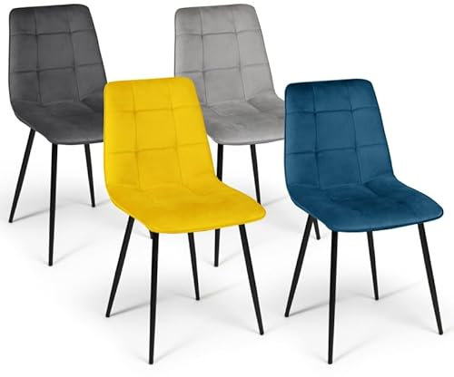 IDMarket - Lot de 4 chaises Mila en Velours Mix Color Bleu, Gris Clair, Gris foncé, Jaune