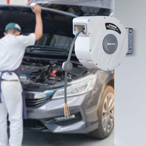 pro.tec Avvolgitubo Automatico ad Aria Compressa con Tubo da 10+1 m Arrotolatore Tubo con Montaggio a Muro con Staffa a Rotazione di 180° Collegamento 1/4 - Bianco
