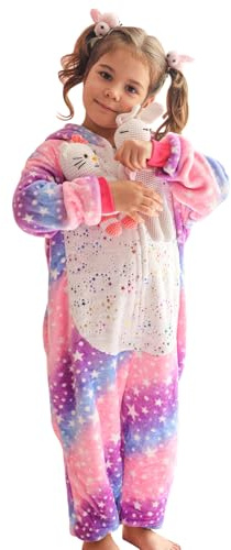 KAKU NANU Einhorn Onesie für Mädchen 2-10 Jahre,Strampelanzug Fleece Overall mit Reißverschluss 2 Taschen