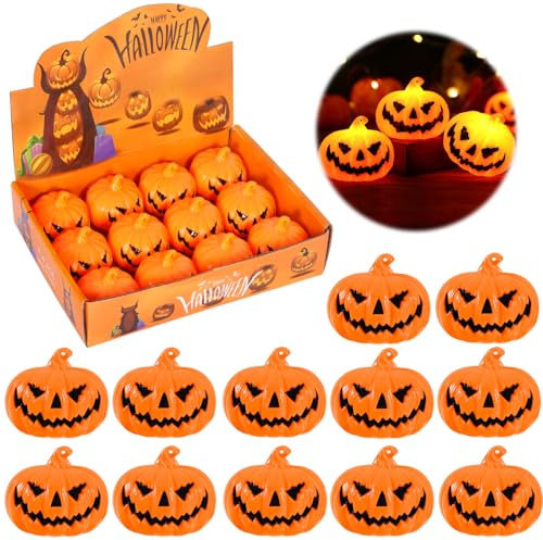 AOUVT 12Pcs Halloween LED Kürbis Laterne, Tragbare Kürbislaterne, Halloween Kinder LED Kürbislaterne Halloween Dekorationen für Drinnen und Draußen Kleine Laterne Halloween Dekorationen