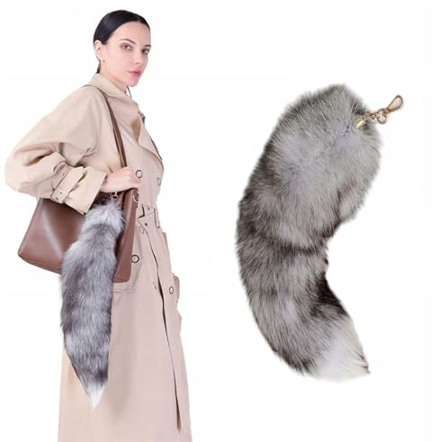 tintoke Fuchsschwanz,fox tail,Fuchsschwanz Anhänger etwa 40cm Fell Schwanz Keychain fox tail keychain Auto Schlüsselketten Anhänger Weich Flaumig Dicht Dekoration (Grau weiß)