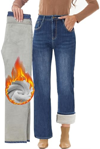 Fakanhui Jean pour Femme doublé en Polaire à Jambes Larges pour l'hiver Thermique en Flanelle Ample décontracté Chaud