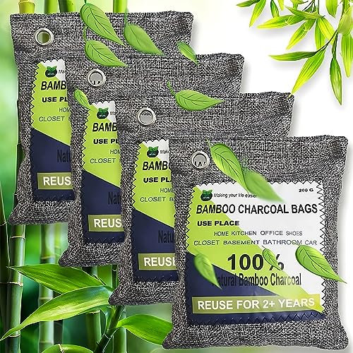 Bamboo Charcoal Air Purifier Bag for Closet Odor Eliminator Shoe Deodorizer Car Air Freshener Nature Fresh Charcoal Pack Hangable Damp Rid Air Freshener Bag Odor Removal for Pet Wardrobe(4x200g)