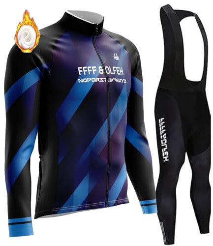 Herren Langarm Radsportanzüge Radtrikot Set Radfahren Kleidung Langärmeliges Fahrradtrikot Winter Warm Fleece Atmungsaktiv Quick-Dry mit 9D Gel Gepolsterten Trägerhosen (PT18,5XL)