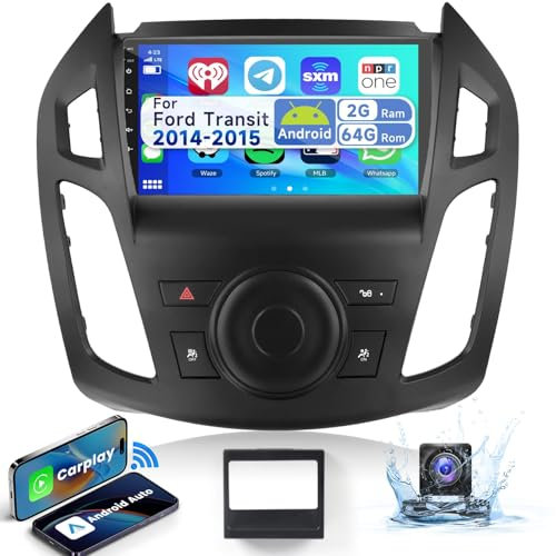 2G 64G Podofo 9'' Radio de Coche para Ford Transit 2014-2015 Inalámbrico Carplay Android Auto, Android 13 Radio 2 DIN con Bluetooth WiFi GPS HiFi RDS/FM, Cámara de Visión Trasera AHD/Canbus